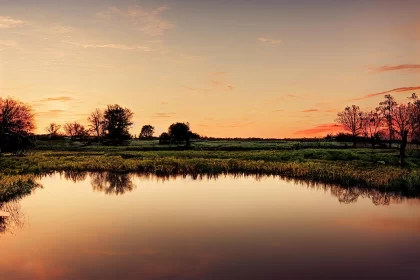 Tranquil Sunset Over Pond in Grassy Field - Panoramic Scale Dutch Landscape