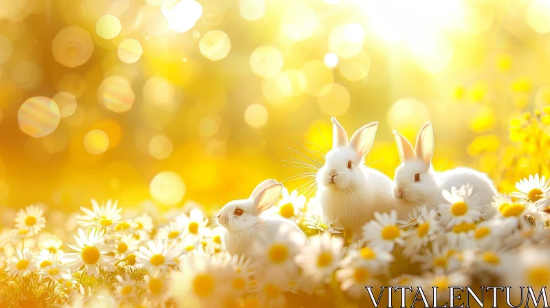 Enchanting Spring Scene with White Rabbits and Daisies AI Image
