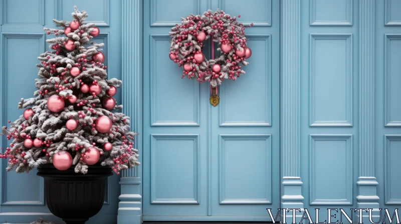 Festive Blue Door and Christmas Tree Scene AI Image