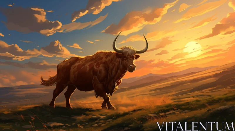 AI ART Highland Cow in Field at Sunset