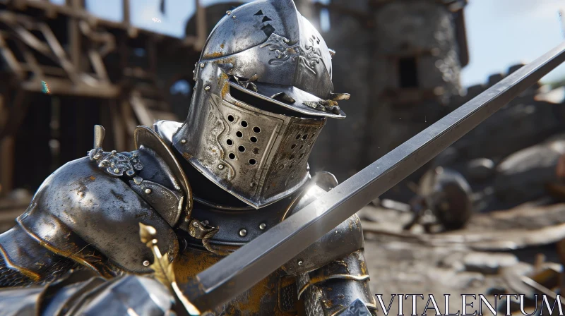 Knight in Armor 3D Rendering - Ruined Castle Scene AI Image