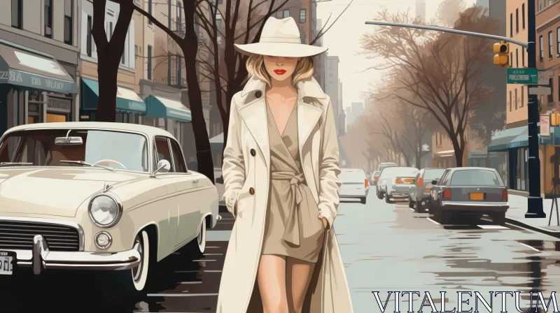 AI ART Stylish Woman Walking in City Street with Vintage Car