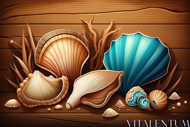 Captivating Wooden Background with Shells: A Harmonious Blend of Realism and Cartoon Style AI Image