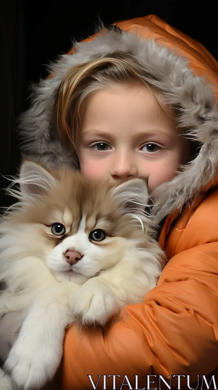 Charming Image of a Boy with Kitten in Winter Setting AI Image