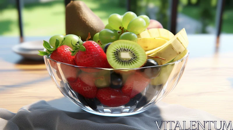 AI ART Fresh Fruit Bowl on Wooden Table - Glass Bowl Photography