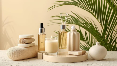 Tranquil Spa Products Arrangement on Beige Background