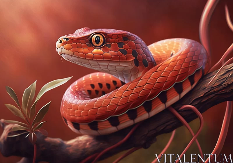 Vibrant Red Snake on Branch | Hyper-Realistic Animal Illustration AI Image