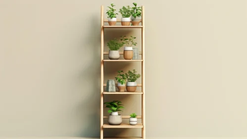 Wooden Shelf with Plants on Beige Background