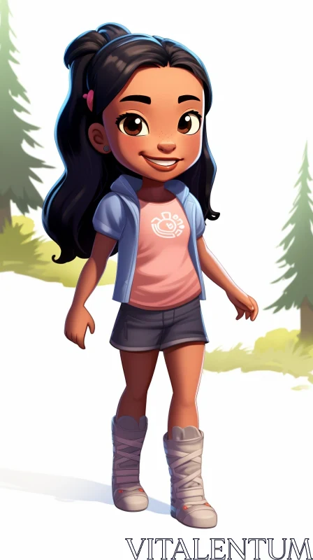 Young Girl Cartoon Illustration in Forest AI Image