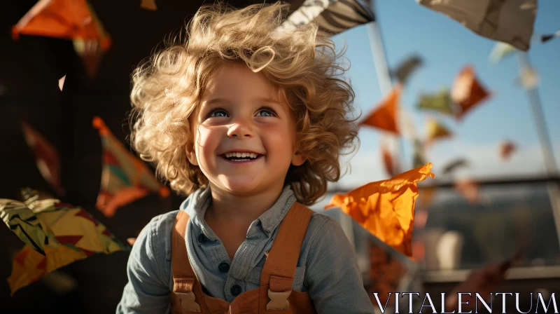 Cheerful Young Boy with Blond Curly Hair and Paper Planes AI Image
