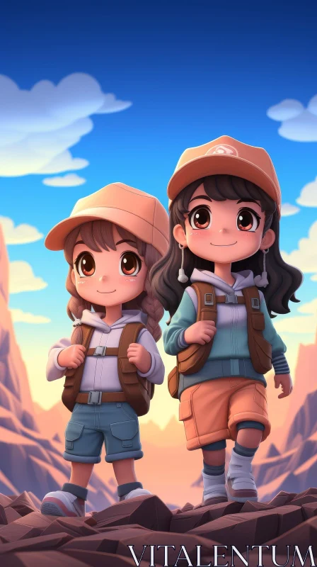 Chibi Girls Hiking Adventure on Mountain AI Image