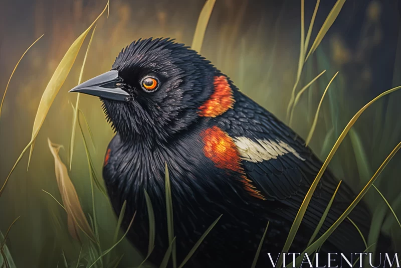 Exquisite Hyper-Realistic Portraiture: Black Bird in Tall Grass AI Image