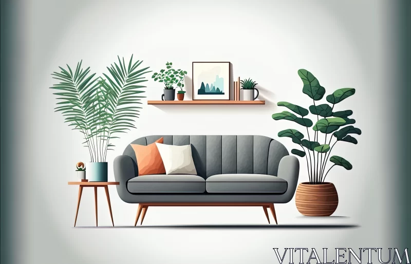 Grey Modern Sofa Couch and Plants Vector Illustration AI Image