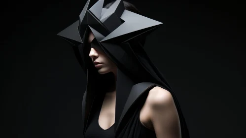 Black Geometric Futuristic Helmet Woman in Dark Room