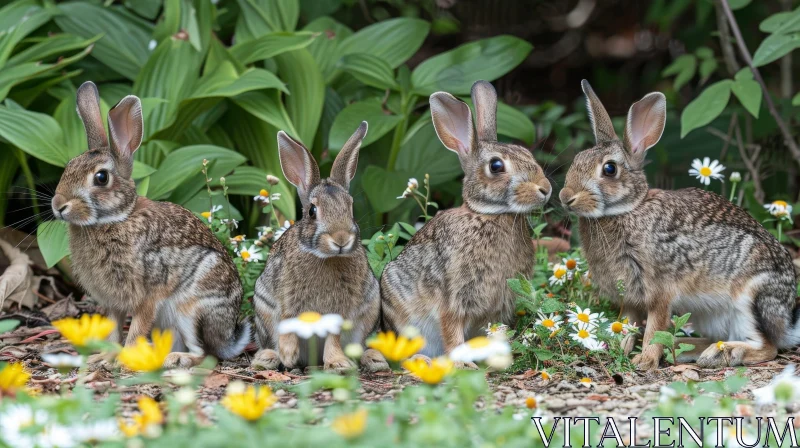 Charming Wild Rabbit Family Portrait in Nature Setting AI Image