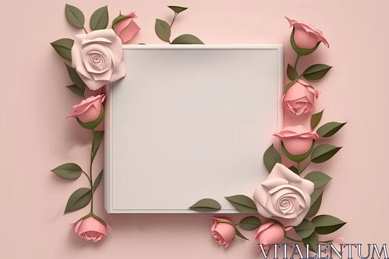 Delicate Pink Roses and Leaves Frame | Minimalistic 3D Rendering AI Image