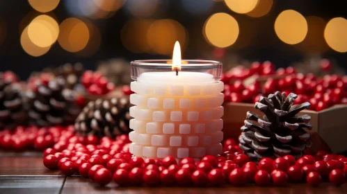 Festive Candle with Red Berries and Pine Cones