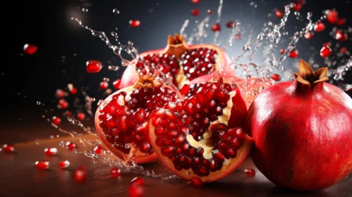 Ripe Red Pomegranate Fruit with Water Splash