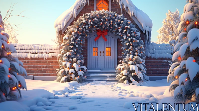 Snow-Covered Christmas House Front Yard Scene AI Image