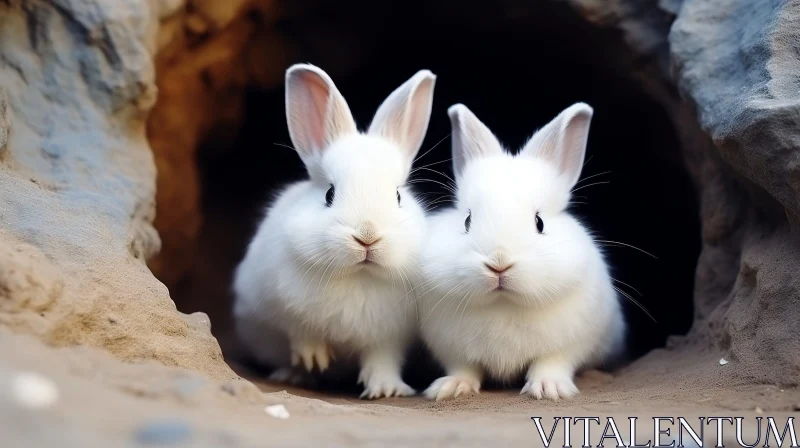 Adorable White Bunnies in a Rock Hole - Captured Moment AI Image