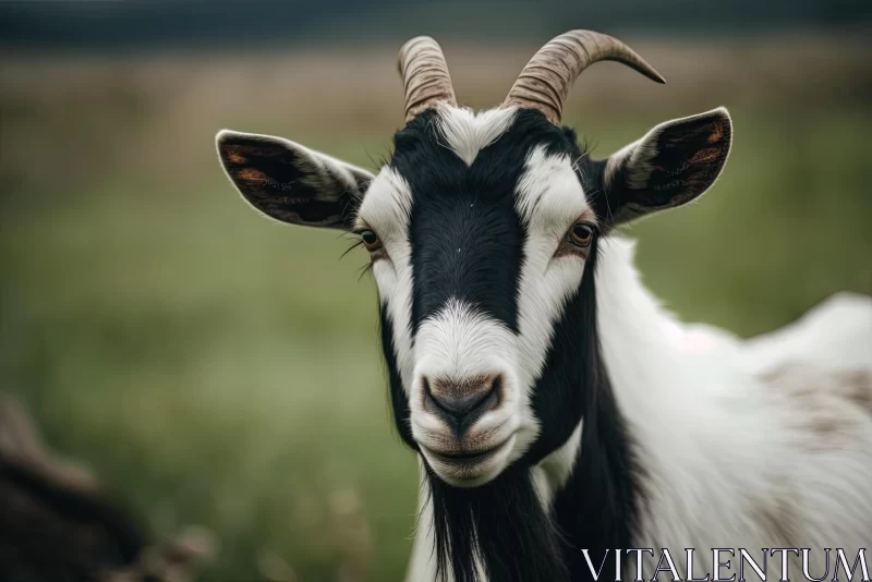 Captivating Black and White Goat with Long Horns in Field AI Image