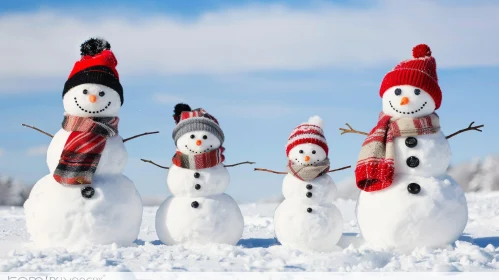 Cheerful Snowmen Family in Snowy Field