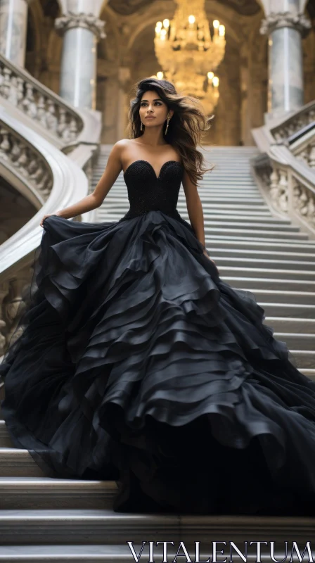 Elegant Woman in Black Evening Dress on Marble Staircase AI Image