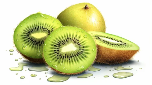 Fresh Kiwi Fruit Halves on White Background