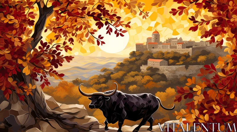 AI ART Majestic Bull on Rocky Hilltop at Sunset with Castle