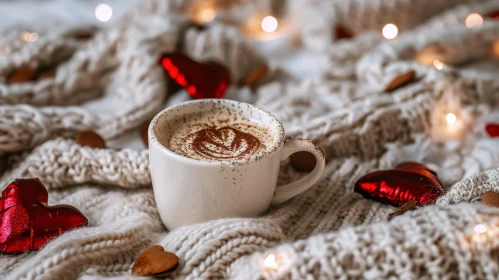 Warm and Cozy Cup of Coffee on Knitted Blanket