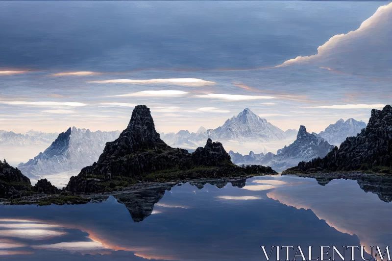 Captivating Realistic Painting of Mountains and Cloud Reflected in Water AI Image
