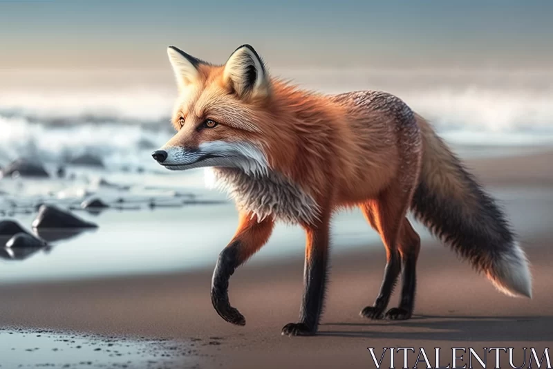 Captivating Red Fox Walking on a Beach - Digital Art Masterpiece AI Image