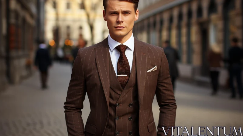 Confident Young Man in Brown Suit | City Street Portrait AI Image