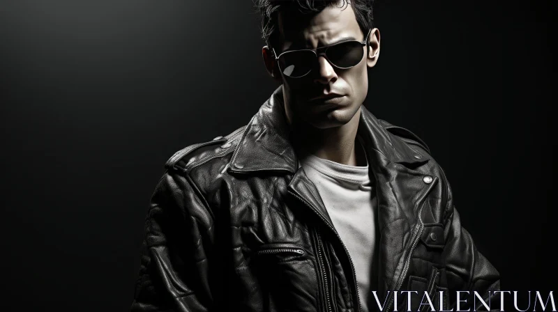 Serious Man in Black Leather Jacket and Sunglasses AI Image