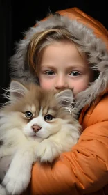 Charming Image of a Boy with Kitten in Winter Setting