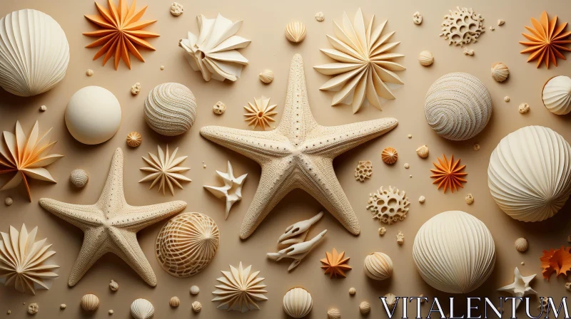Colorful Seashells and Starfish on Beige Background AI Image