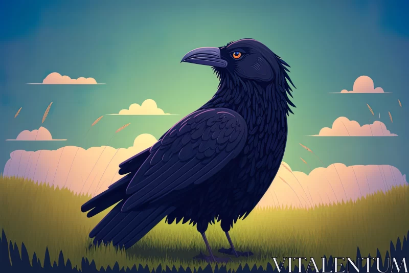 Detailed Character Illustration: Vivid Crow on Grass with Dark Clouds AI Image