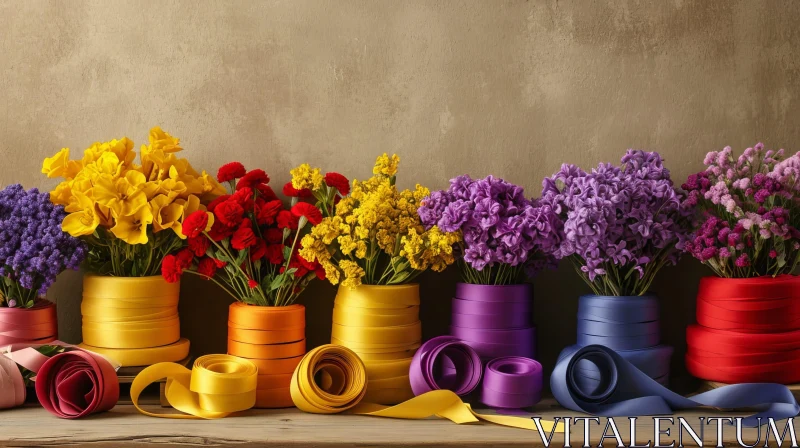 Elegant Flower Vases Arrangement on Wooden Table AI Image