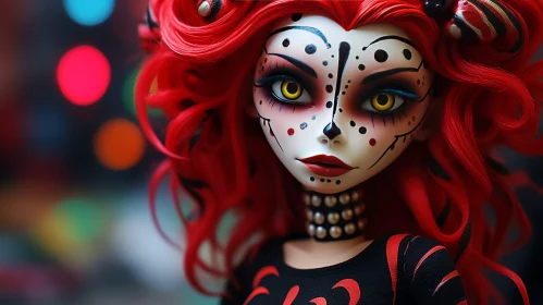Female Doll Close-Up with Red Hair and Skull Design
