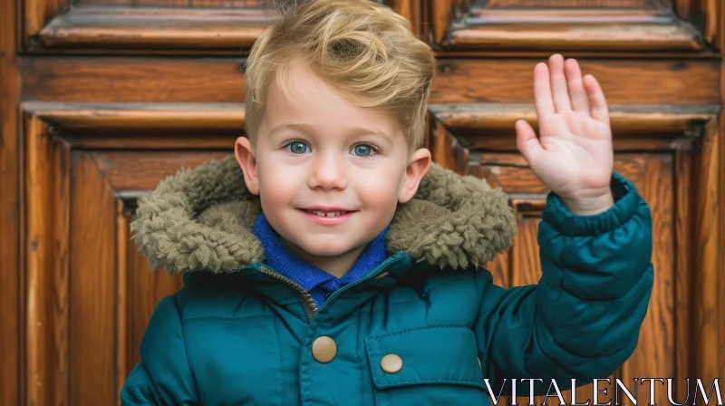 Joyful Little Boy in Green Winter Jacket AI Image