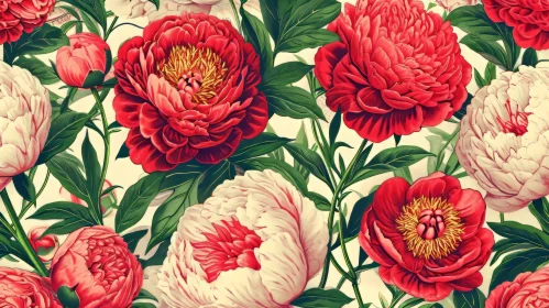 Red and White Peony Flowers Seamless Pattern