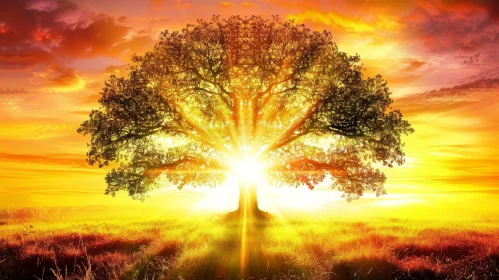 Tranquil Sunset Scene with Majestic Tree