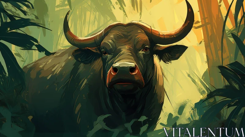 Water Buffalo Digital Painting in Green Jungle AI Image