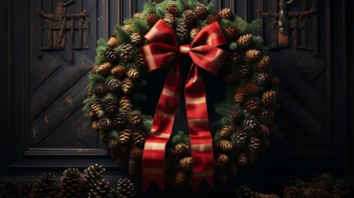 Christmas Wreath Decor - Festive Pine Cones and Red Ribbon