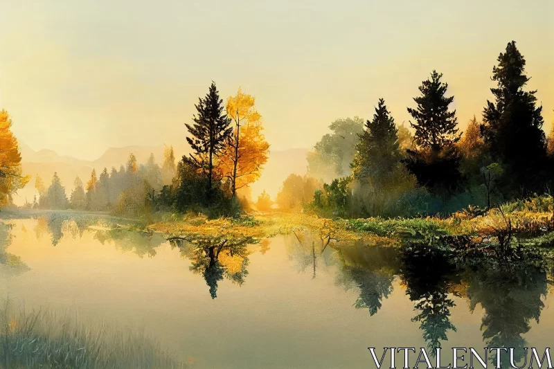 Misty Water Trees: A Hyper-Realistic Painting of Serene Beauty AI Image