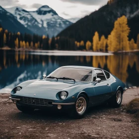 Old Blue Sports Car Parked in Front of Mountain Lake - Fine Art Photography