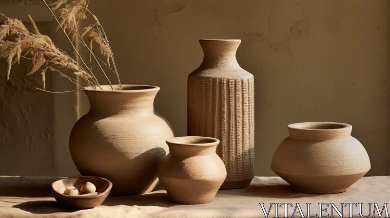 Serene Still Life with Clay Vases and Wooden Bowl AI Image