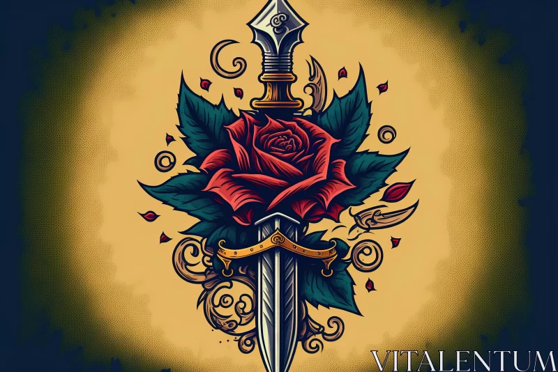 AI ART Vibrant Rose and Sword Tattoo Design - Graphic Design Poster Art