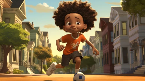 Young African-American Boy 3D Animation Running with Soccer Ball