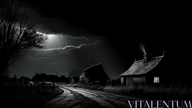 Black and White Digital Painting of Rural Scene at Night AI Image